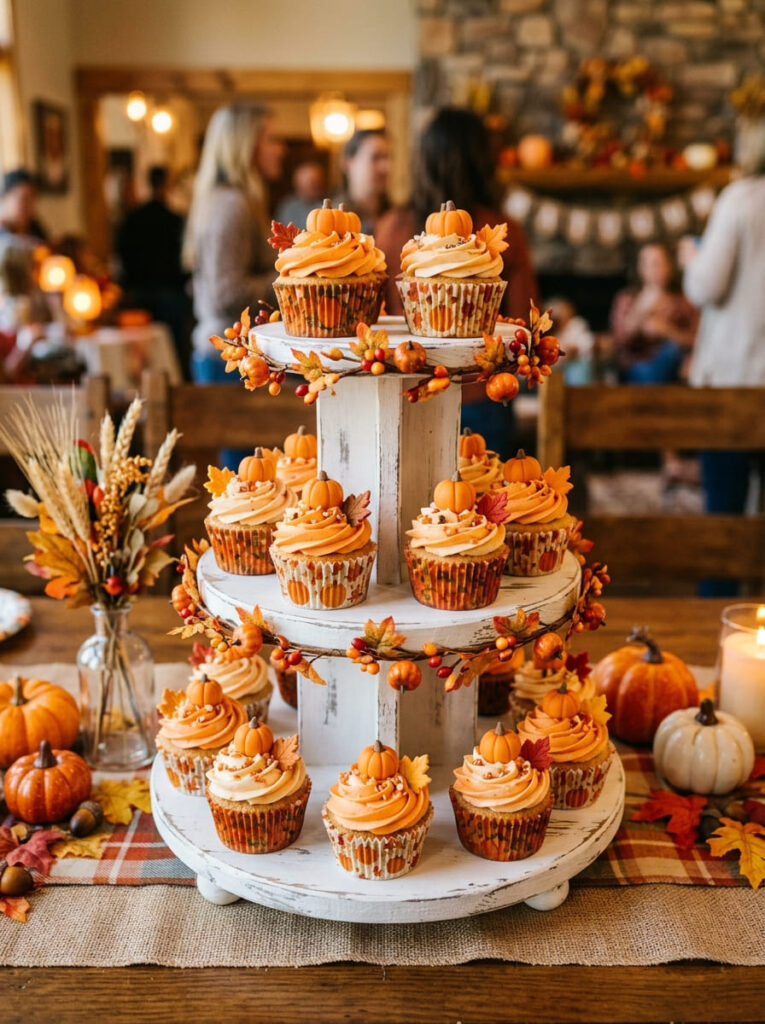 Autumn cupcake tower with orange frosting and pumpkin toppers