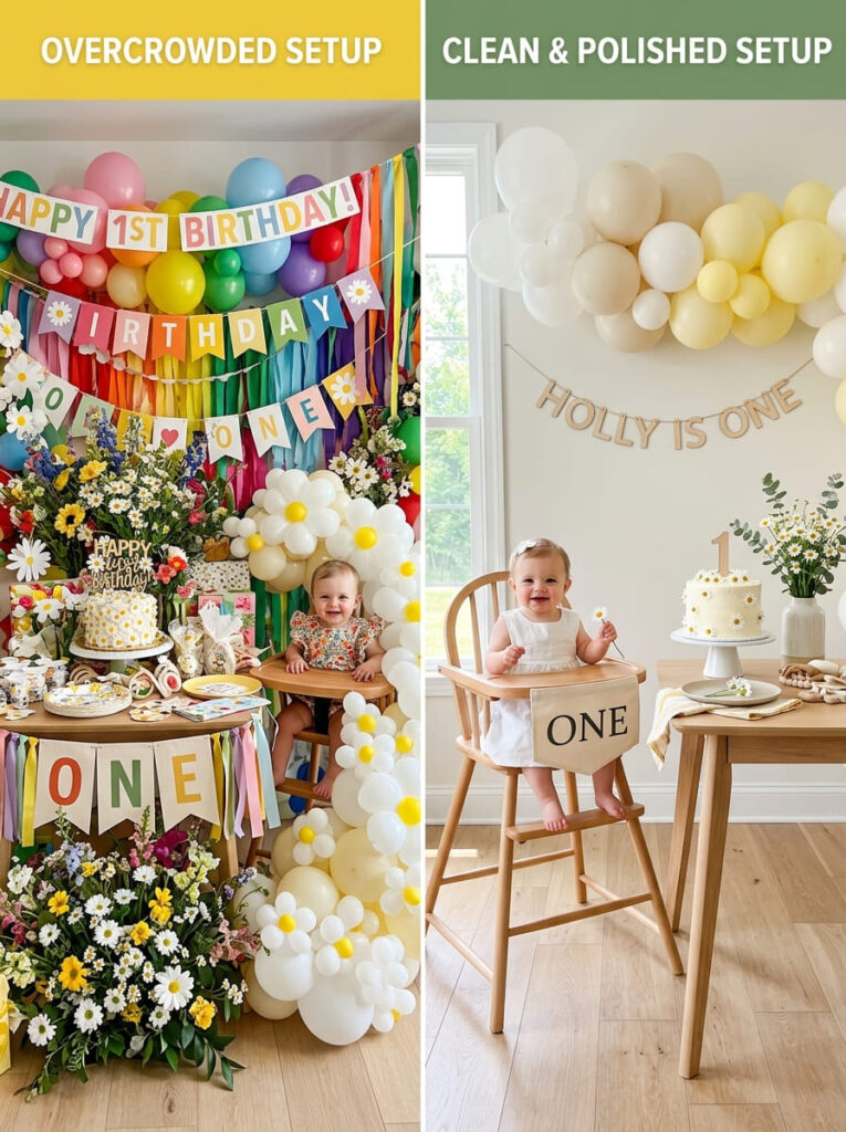Daisy first birthday styling comparison between busy and polished setups

