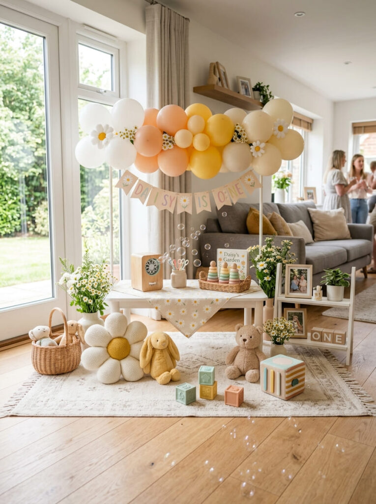 Daisy first birthday activity display with soft floral details

