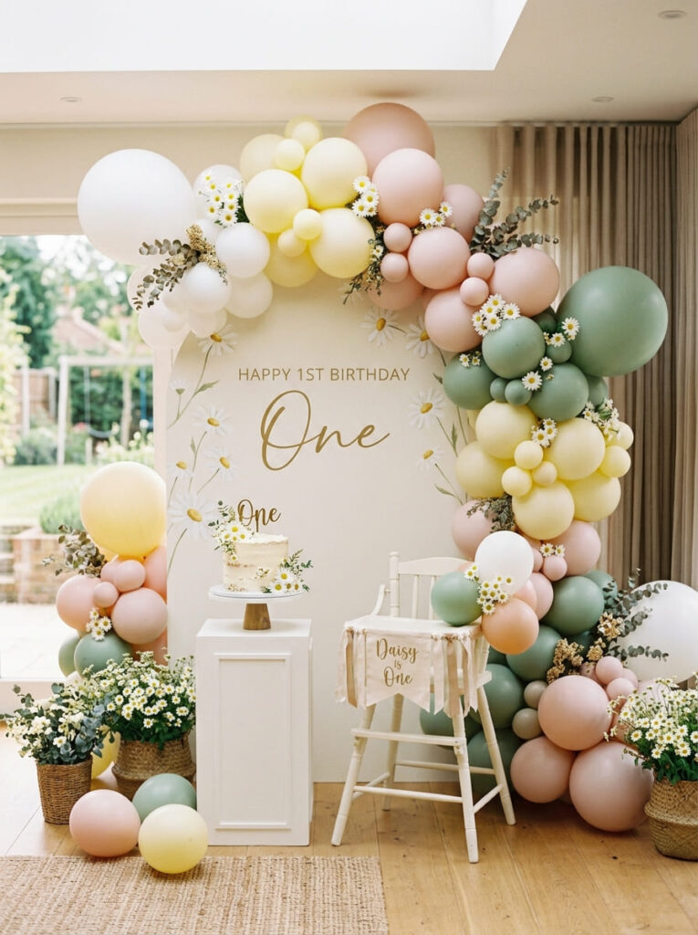 Daisy first birthday balloon decor with soft pastel tones

