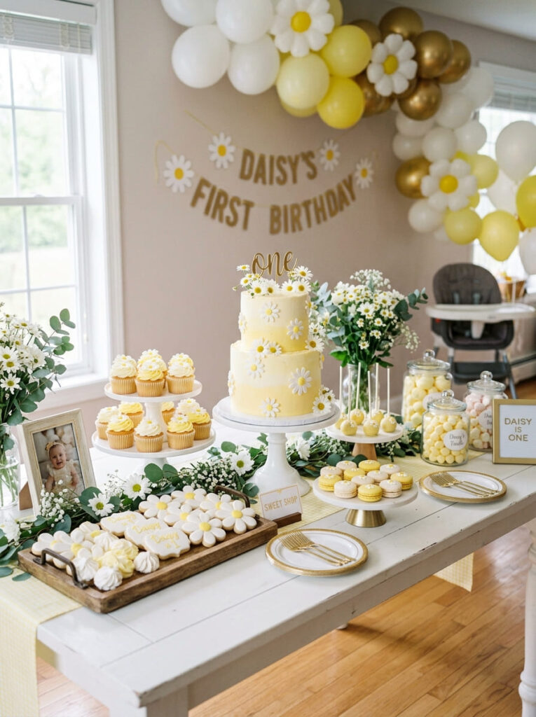 Daisy first birthday dessert table with coordinated sweets and floral styling

