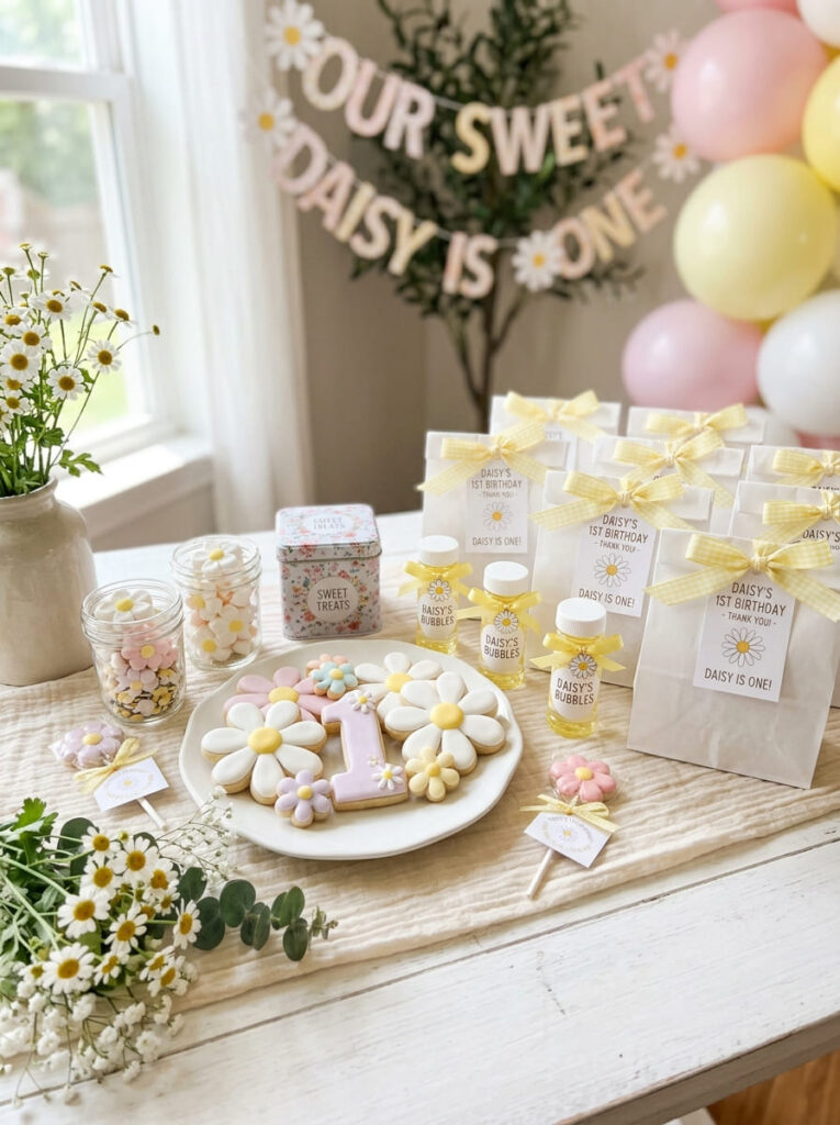 Daisy first birthday favors with soft floral styling

