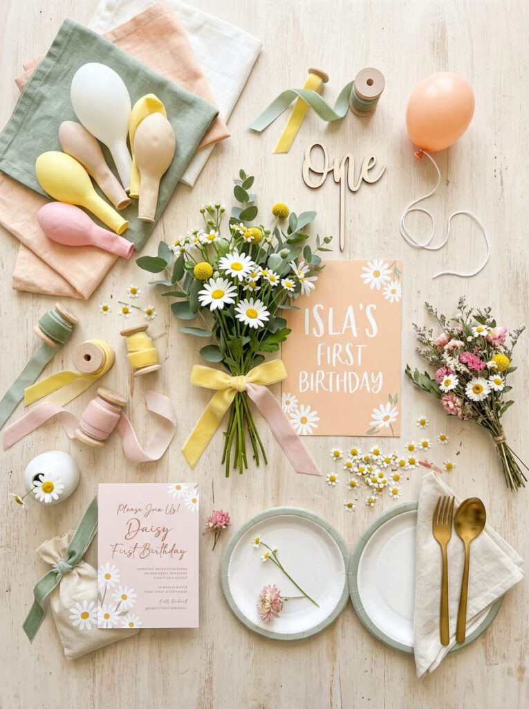 Daisy first birthday color palette with soft floral party tones

