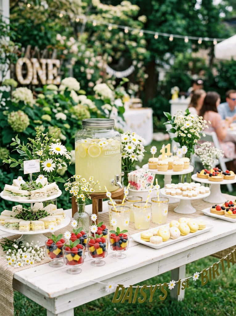 Daisy first birthday food and drink table with pretty floral styling

