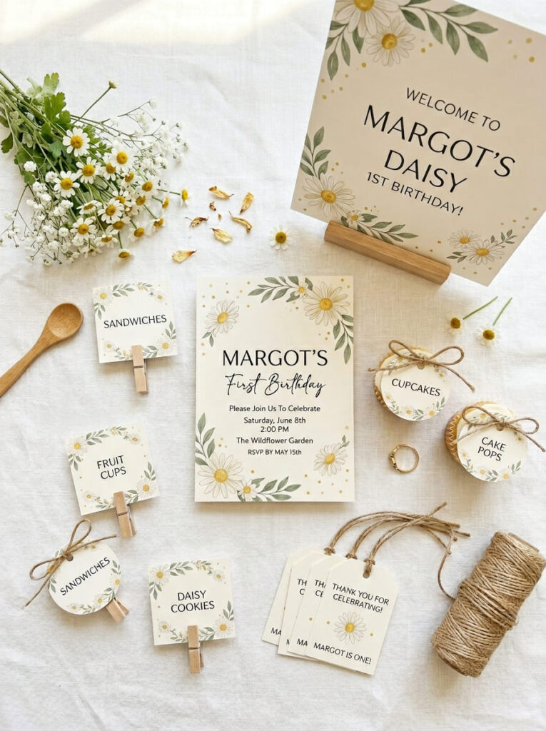 Daisy first birthday invitations and signs with soft floral styling

