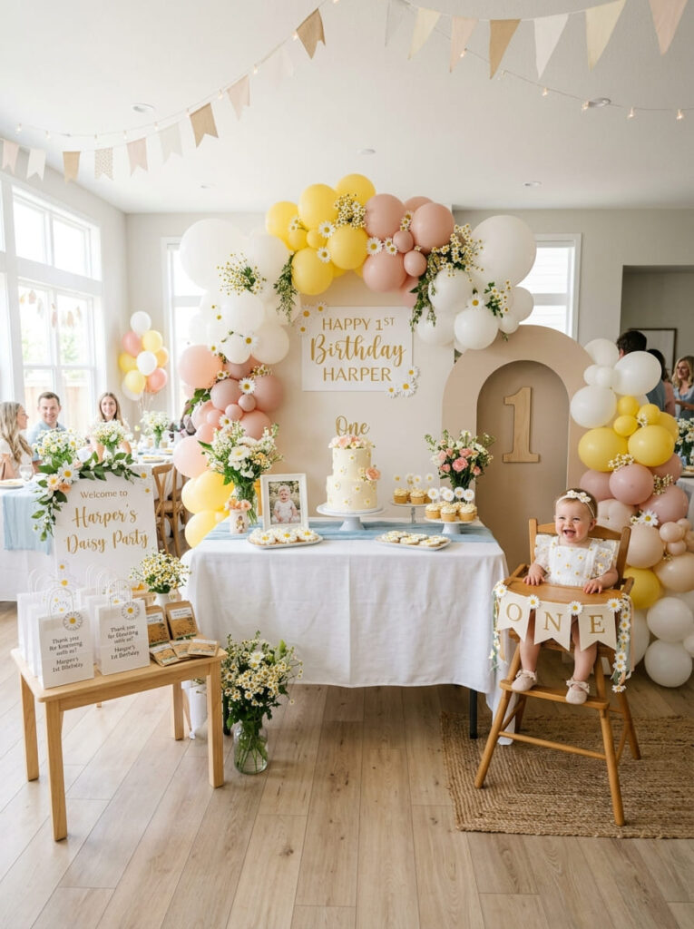 Coordinated daisy first birthday party setup with a polished floral look

