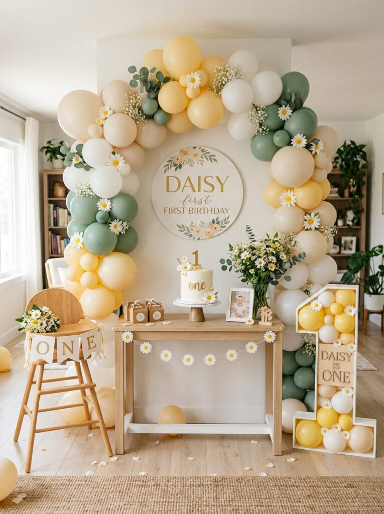 Daisy first birthday focal setup with balloons floral accents and number one detail

