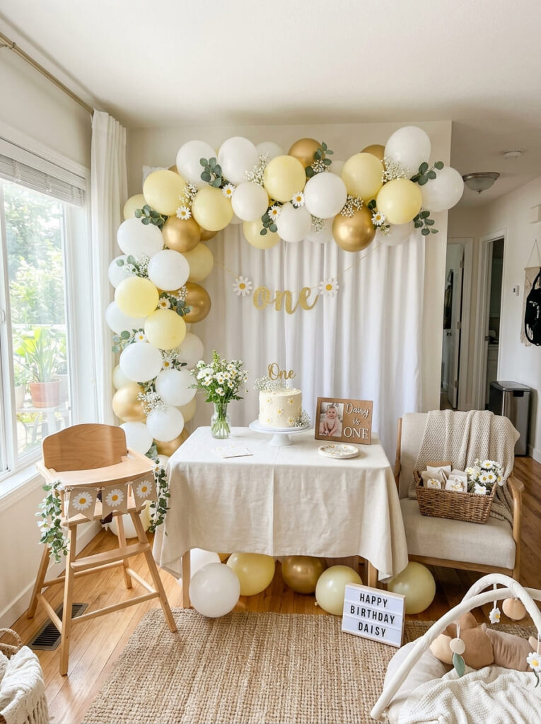 Budget friendly daisy first birthday setup with simple floral decor

