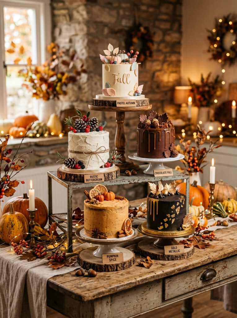 Mini autumn cake sets for individual servings with assorted fall designs
