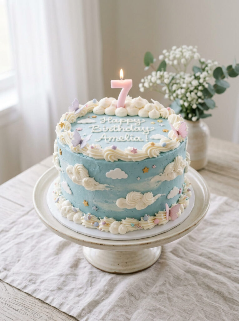 Cloudy sky birthday cake with dreamy soft blue styling