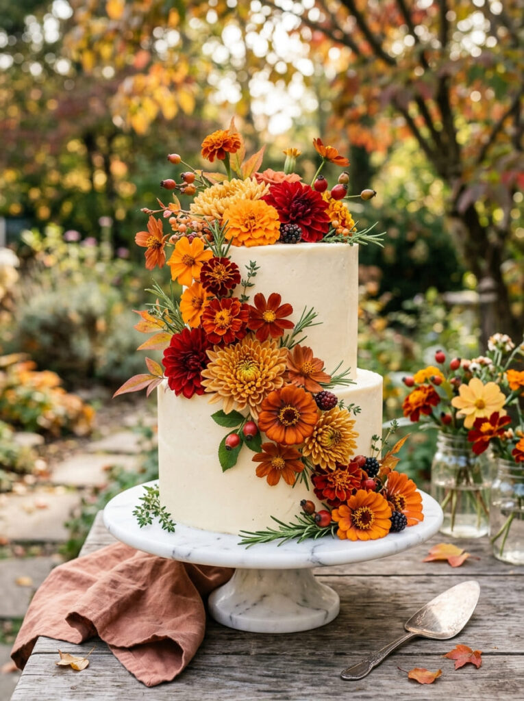 Tiered fall dessert table with multiple small cakes and variety of autumn themes