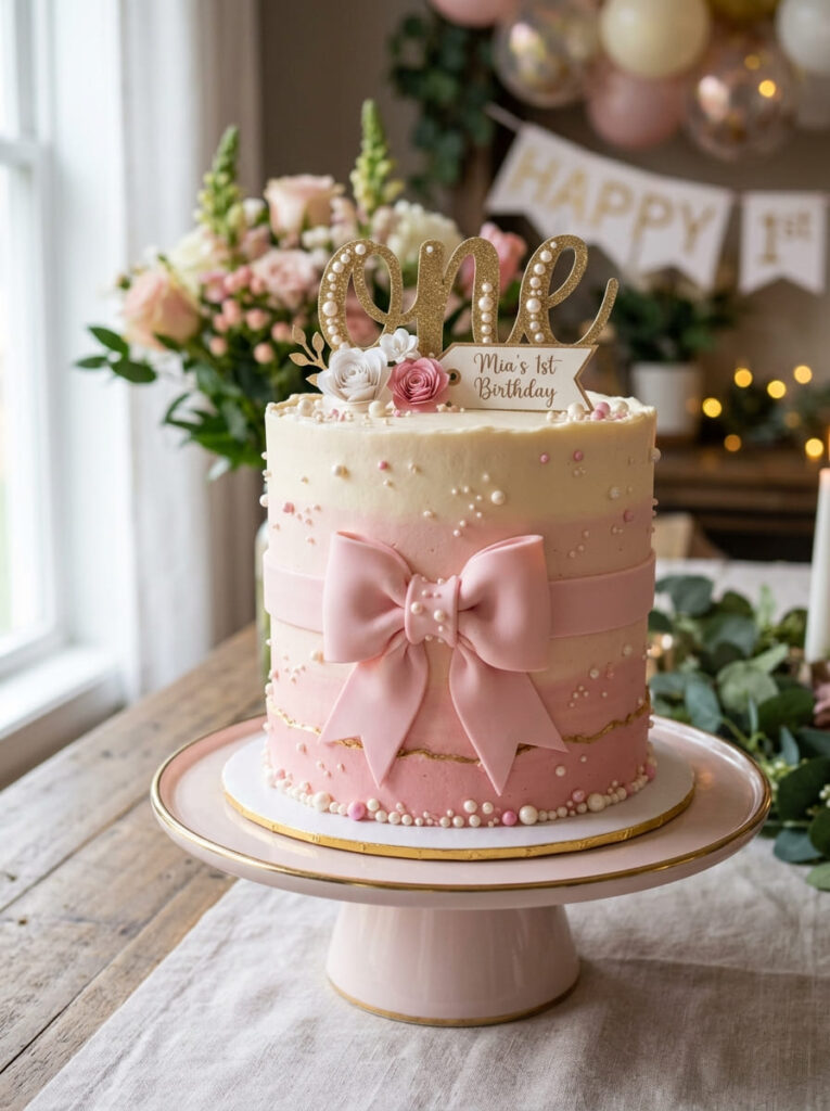 Pink first birthday cake with bows and elegant feminine details