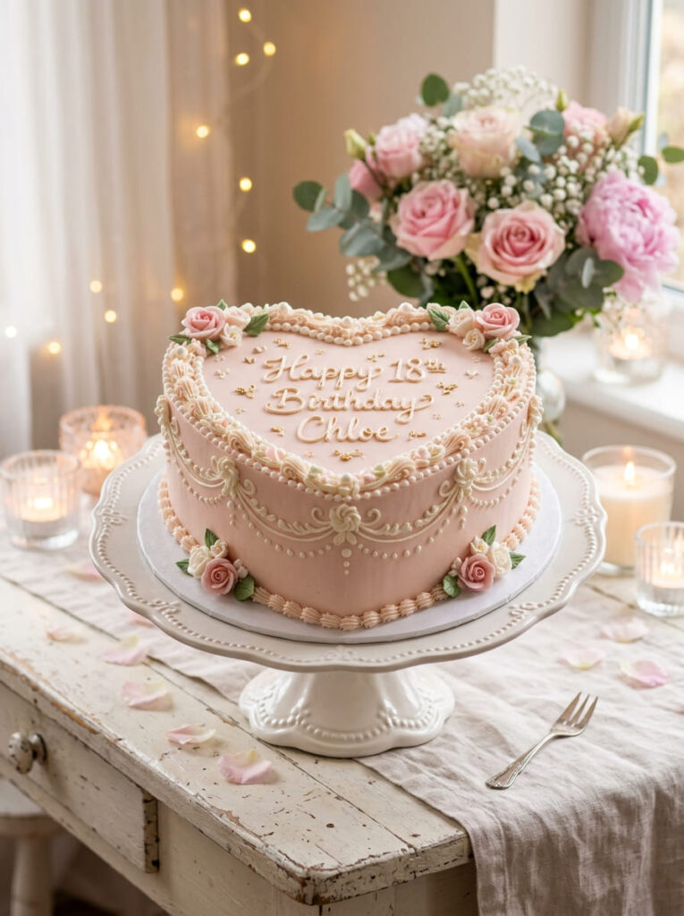 Elegant heart-shaped 18th birthday cake with soft feminine styling