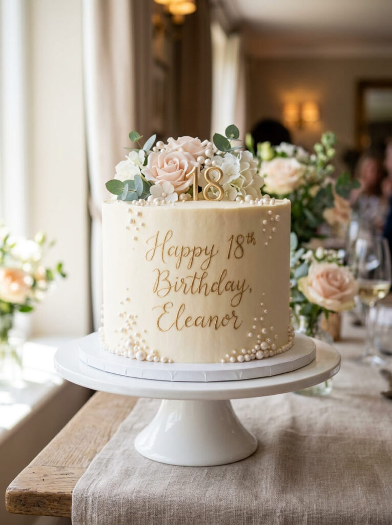 Elegant script and pearl 18th birthday cake with polished finish