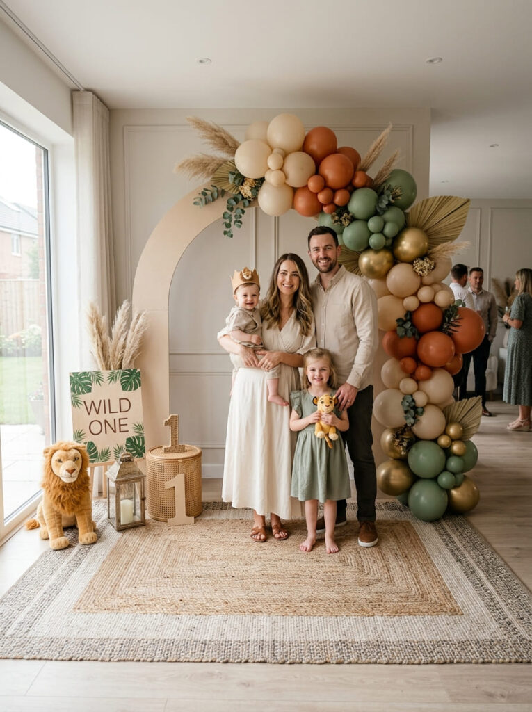 Simba first birthday family photo corner with modern safari styling