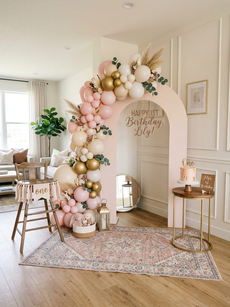 Pink first birthday family photo corner with soft glam styling
