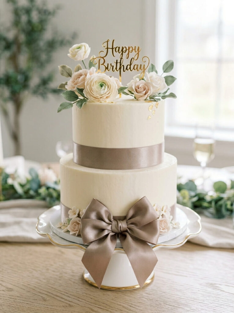 Bow and ribbon wrap birthday cake with feminine styling