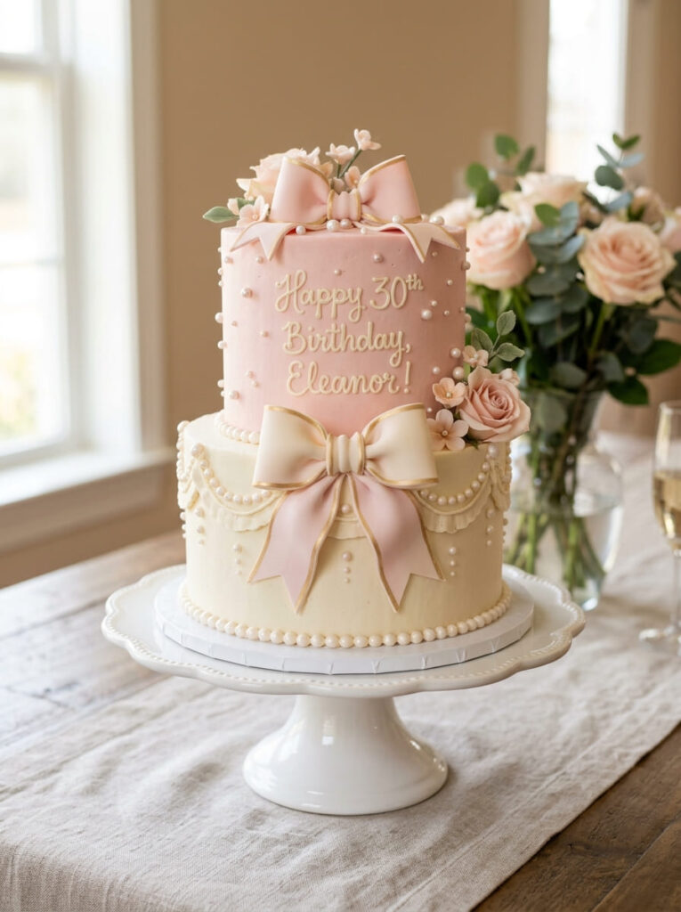 Bow and pearl birthday cake with elegant feminine styling