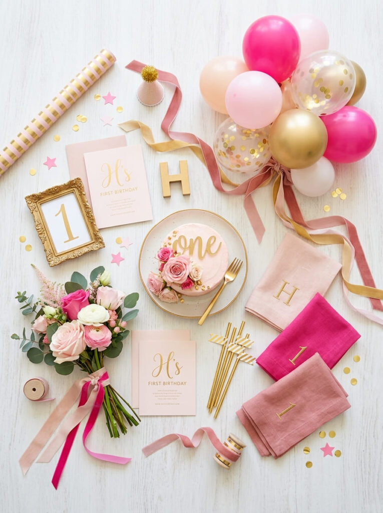 Pink first birthday color palette with feminine party tones