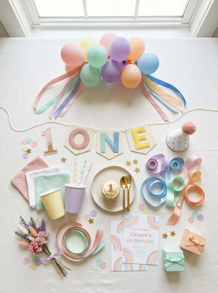 Pastel rainbow first birthday color palette with soft party tones