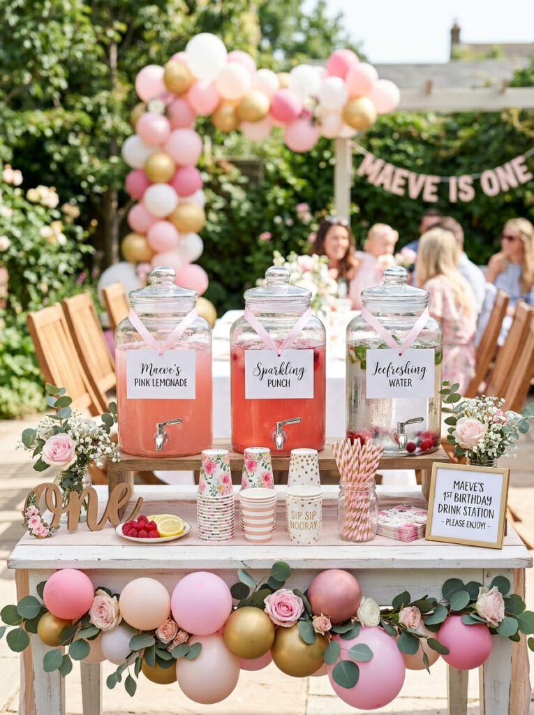 Pink first birthday drink station with coordinated feminine styling