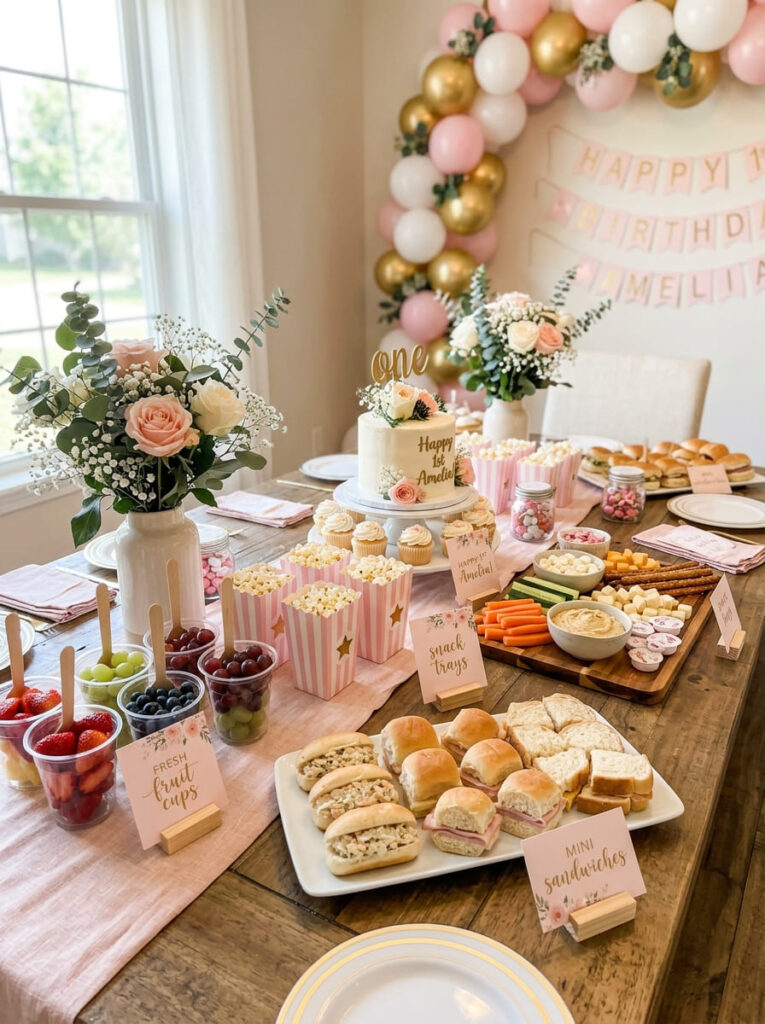 Pink first birthday food table with playful feminine snacks and labels