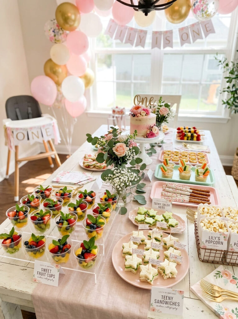 Pastel first birthday food table with playful themed snacks and labels