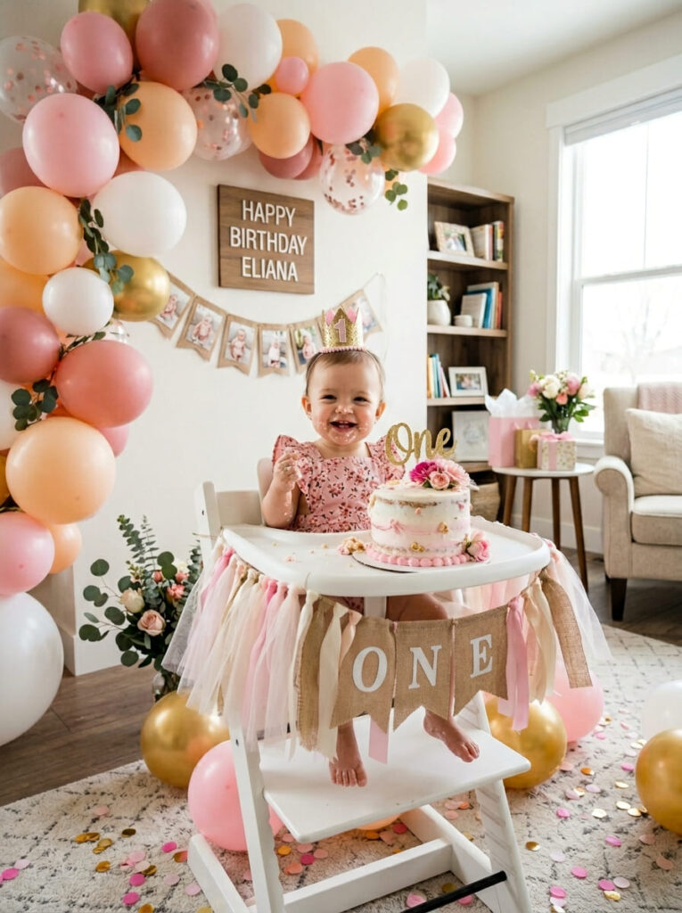 Pink first birthday smash cake setup with soft feminine details