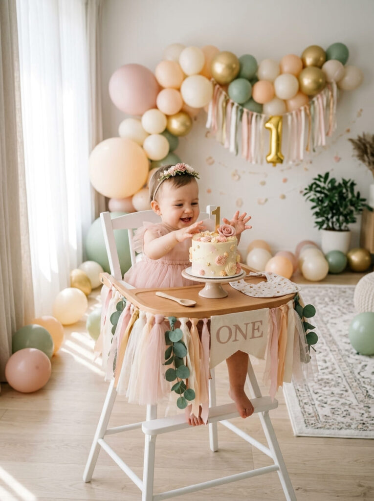 Pastel first birthday smash cake setup with soft rainbow styling