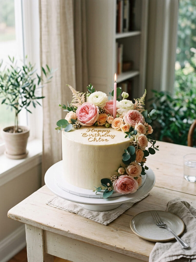 One-tier floral birthday cake with fresh elegant flowers