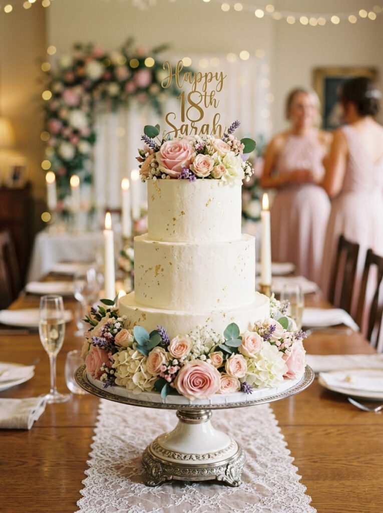 Floral border 18th birthday cake with romantic elegant finish
