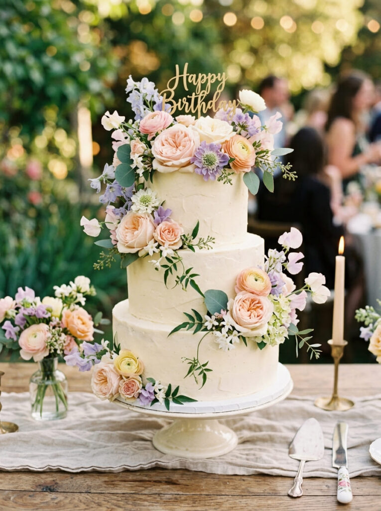 Fresh flower birthday cake with elegant natural blooms