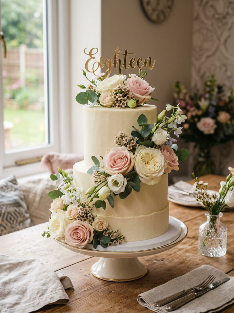 Fresh flower 18th birthday cake with elegant blooms