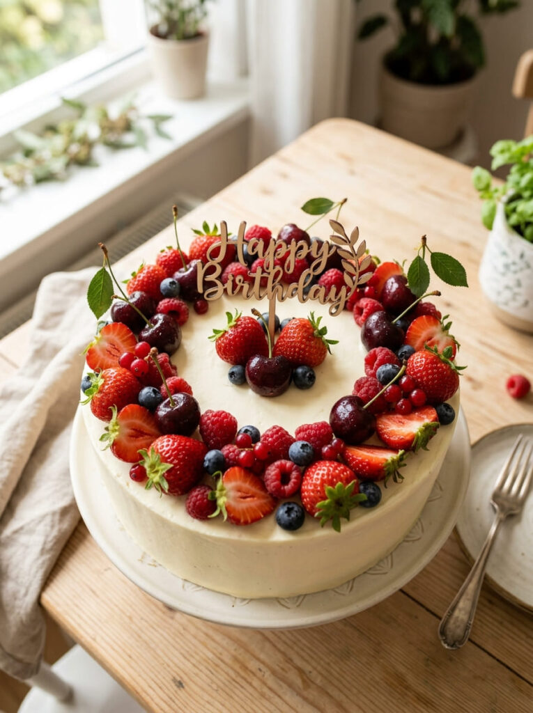 Fresh fruit birthday cake with seasonal fruit topping