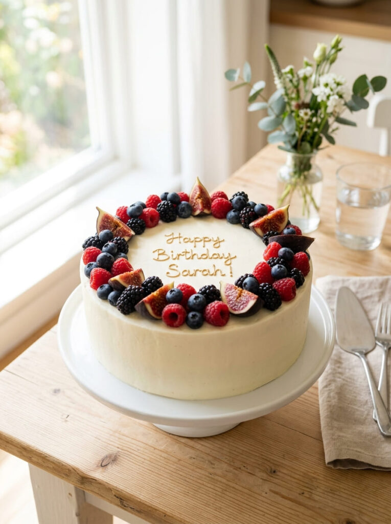 Fruit border birthday cake with fresh seasonal fruit