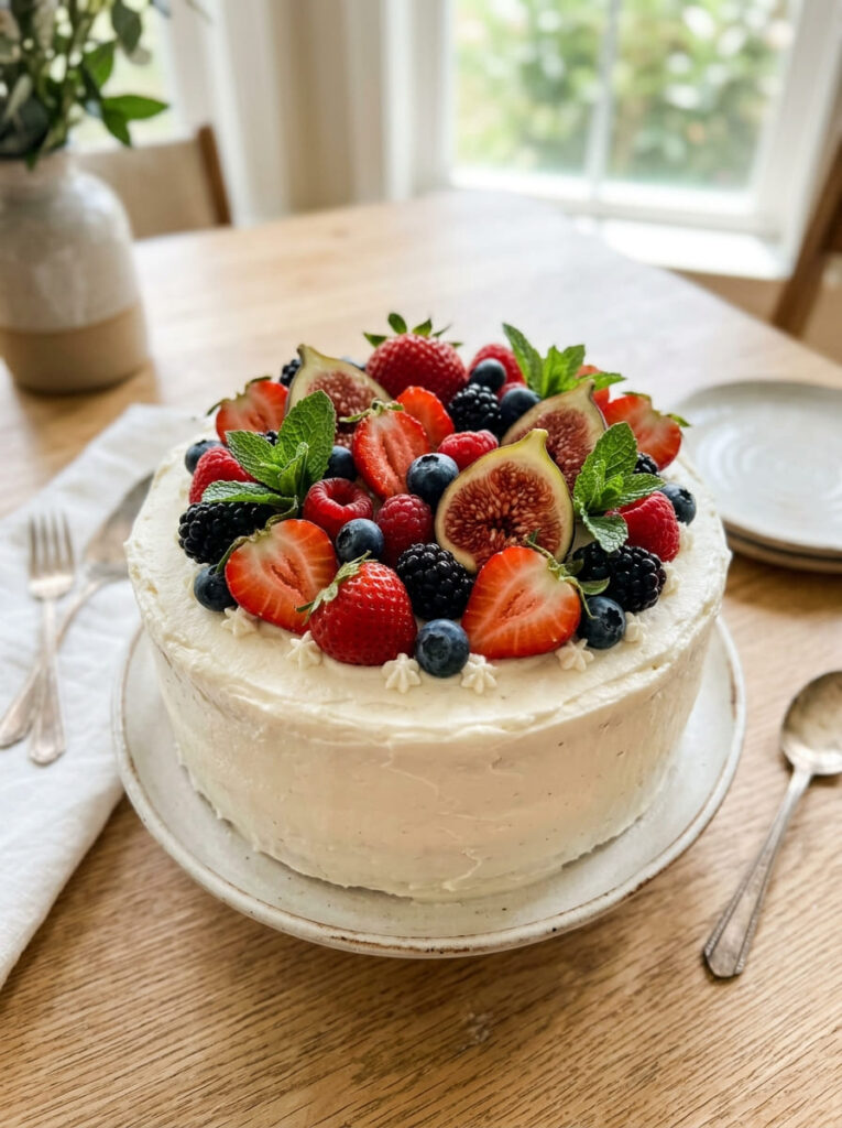 Fresh fruit topped birthday cake with elegant seasonal fruit