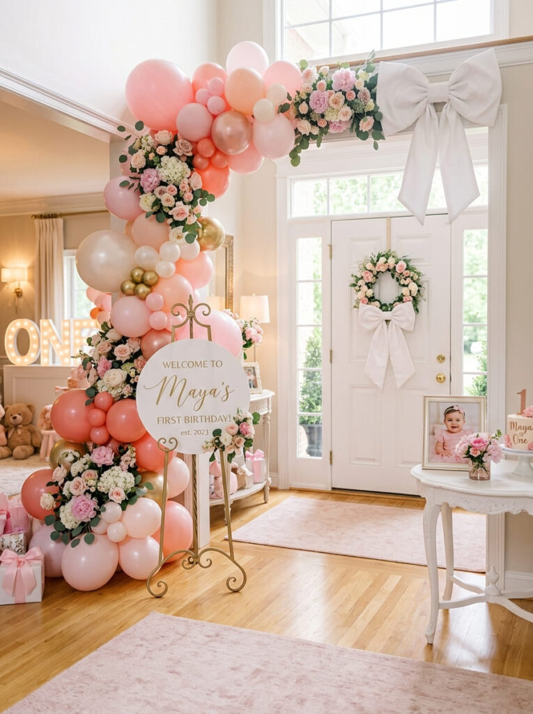 Pink first birthday entrance with welcome sign and glamorous balloons