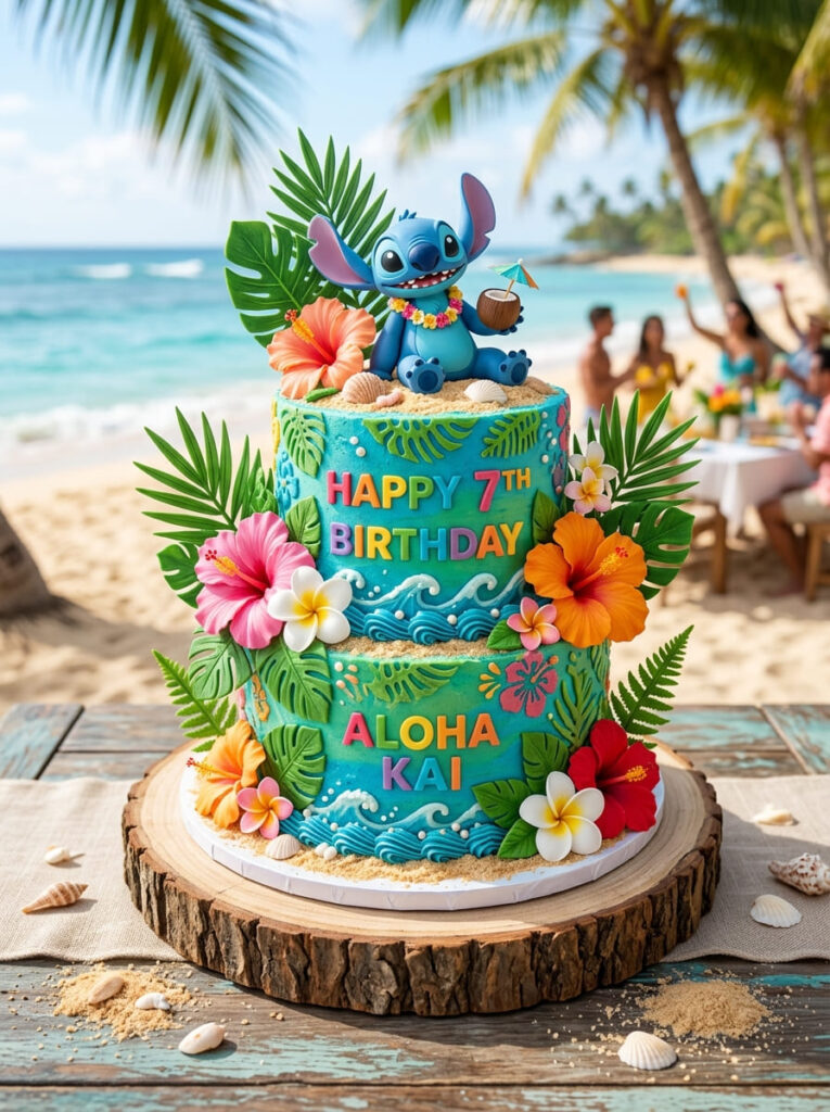 Tropical Hawaiian blue alien birthday cake with island theme and flowers