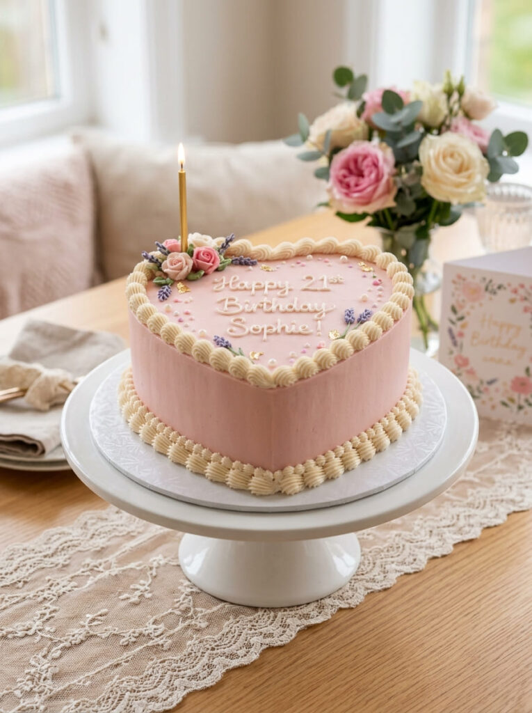 Heart birthday cake with clean elegant borders