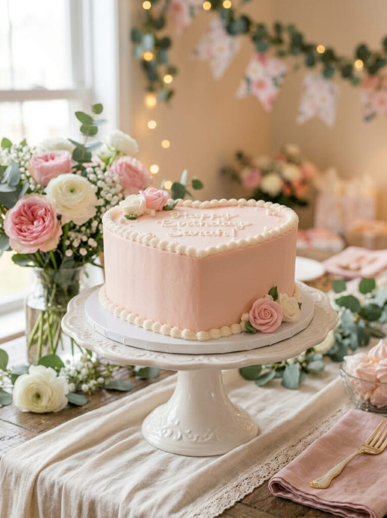Heart-shaped birthday cake with simple elegant border