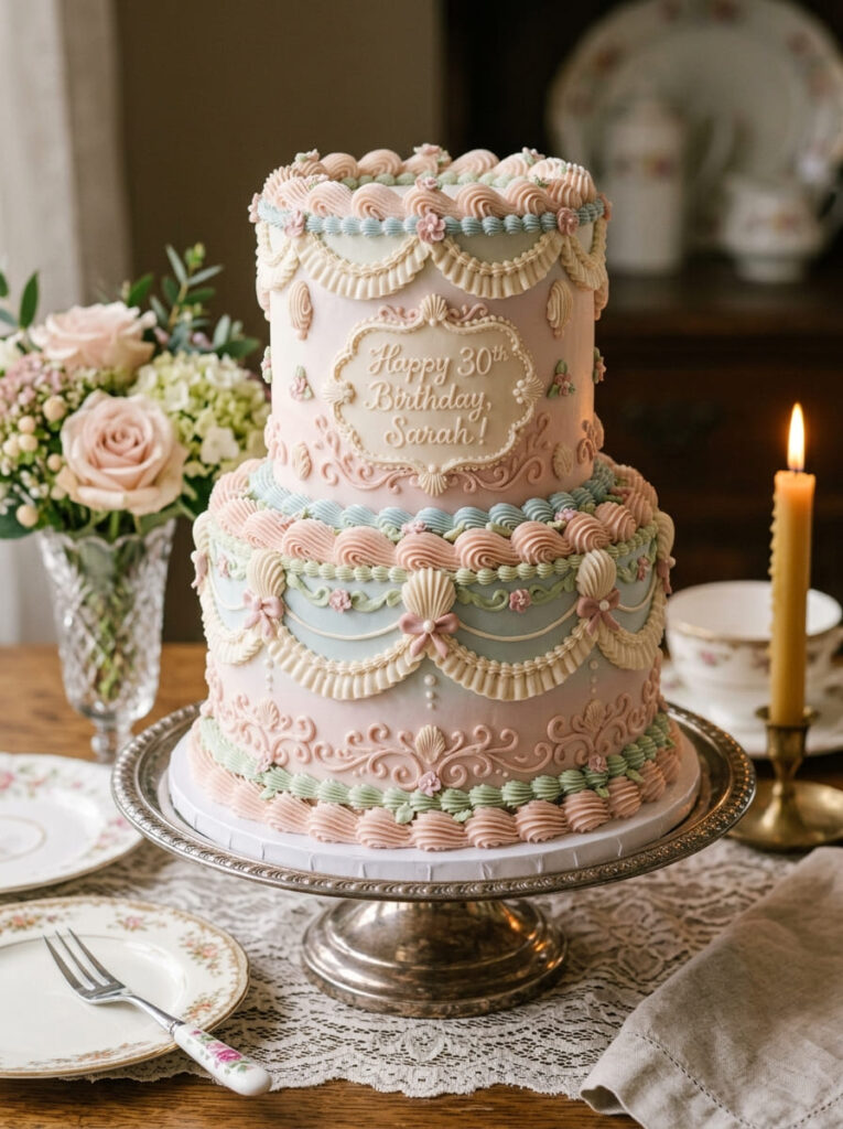 Lambeth ruffle birthday cake with intricate vintage piping