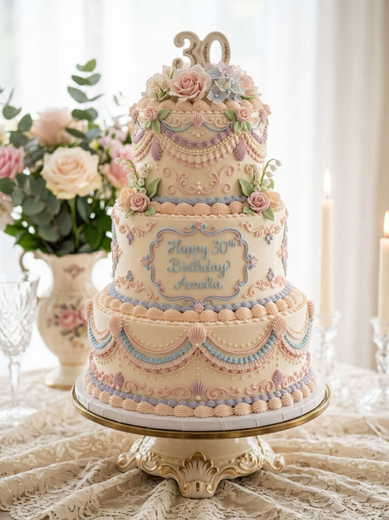 Textured Lambeth birthday cake with ornate vintage piping