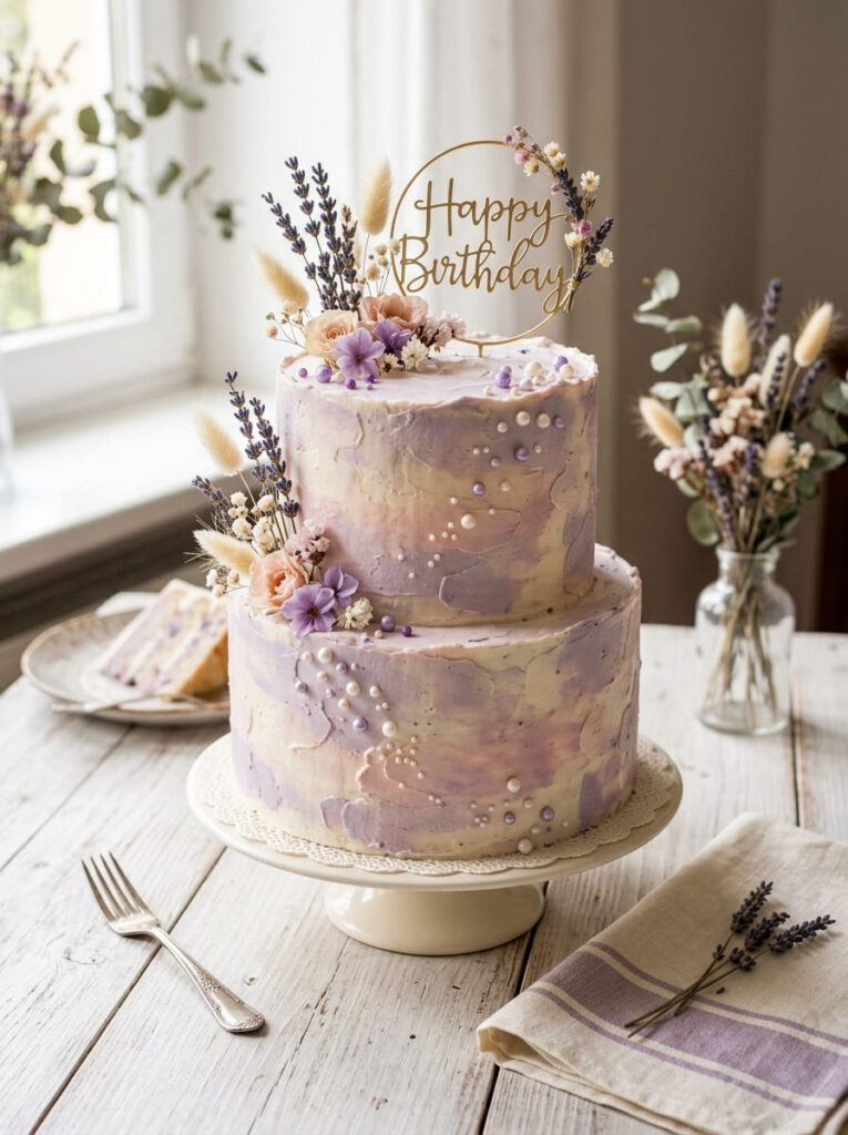  Pastel lavender birthday cake with soft aesthetic tones and delicate florals