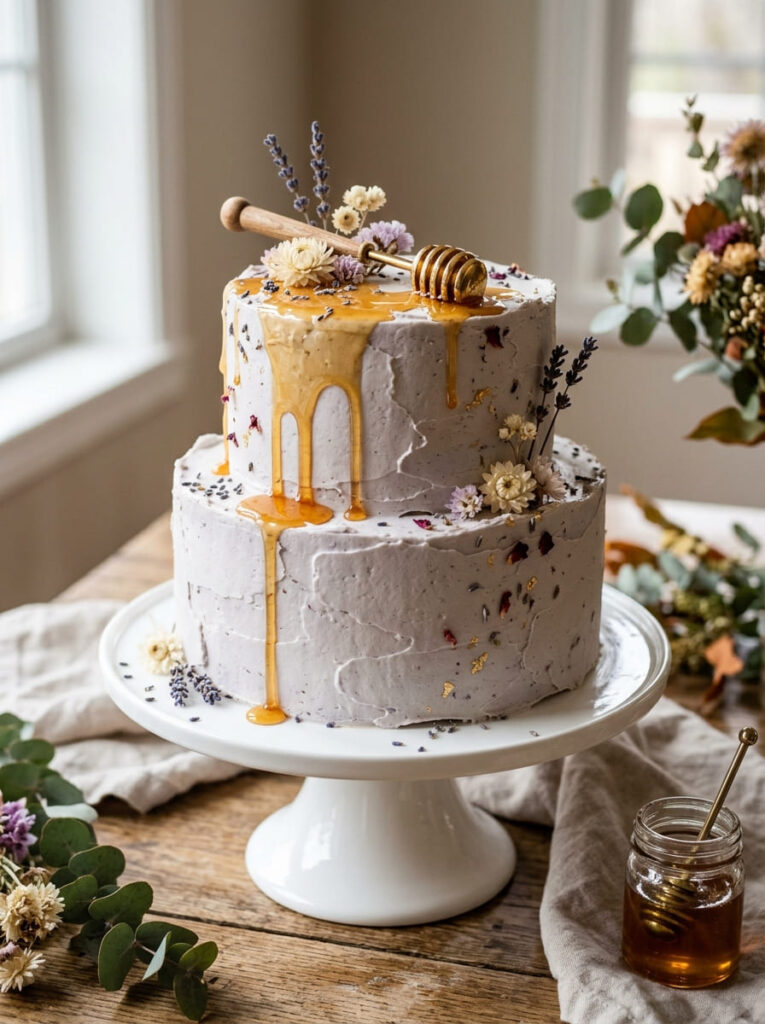 Edible flower autumn cake with seasonal blooms and warm fall colors