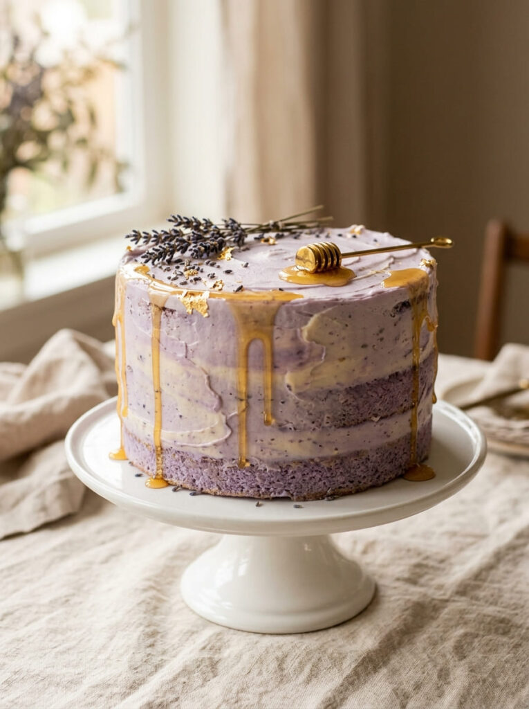 Lavender honey purple cake with soft elegance and honey accents