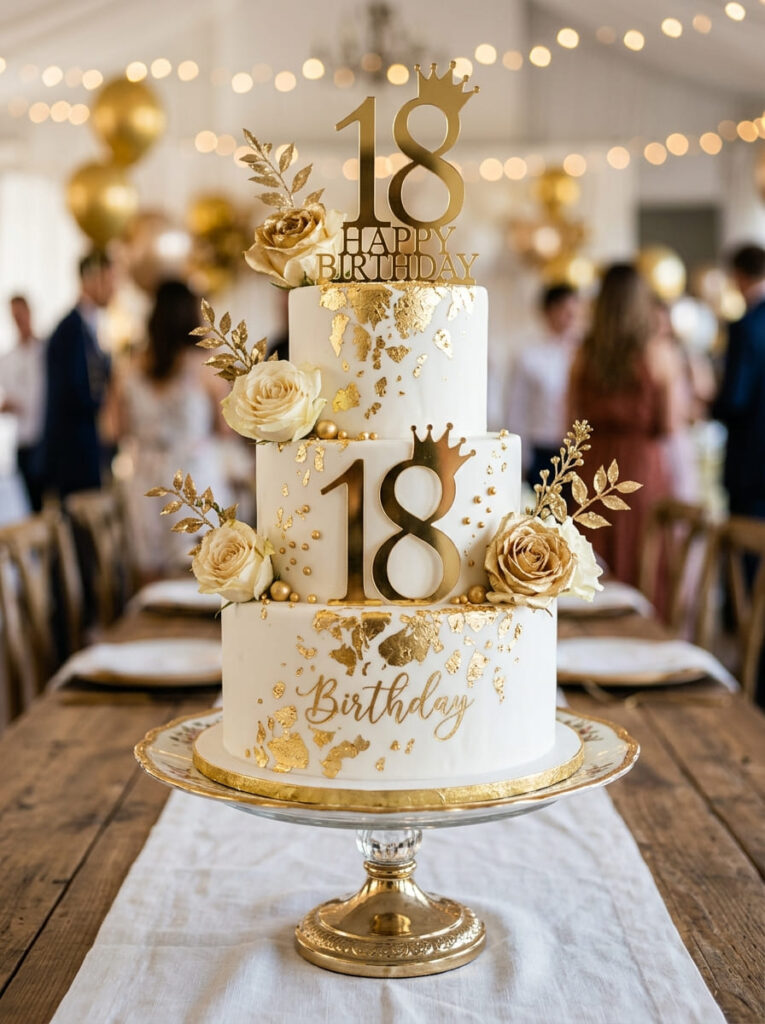 Metallic gold 18th birthday cake with glamorous elegant details