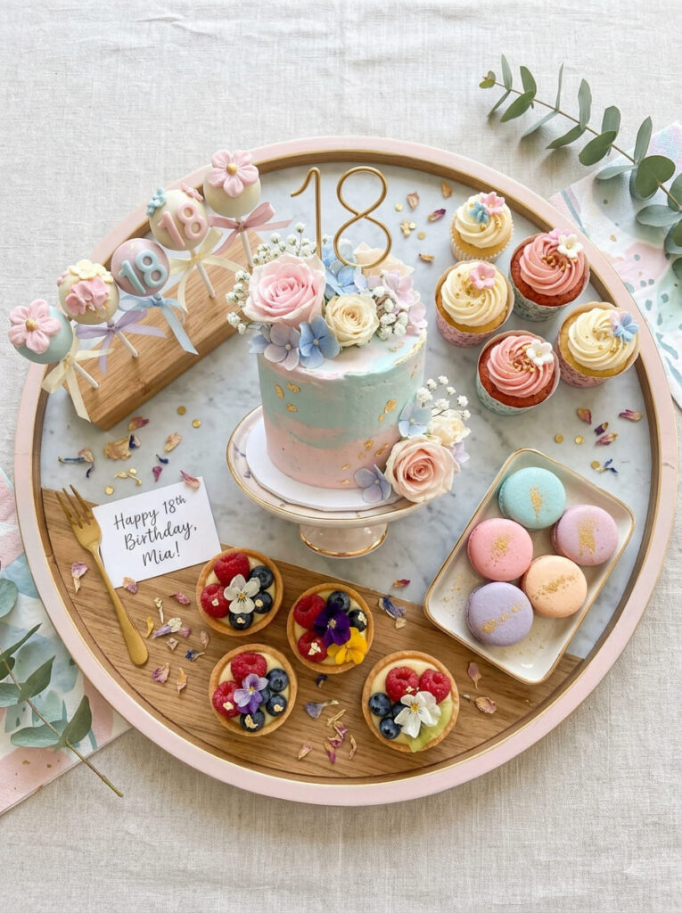 Mini cake set for 18th birthday with coordinated elegant styling