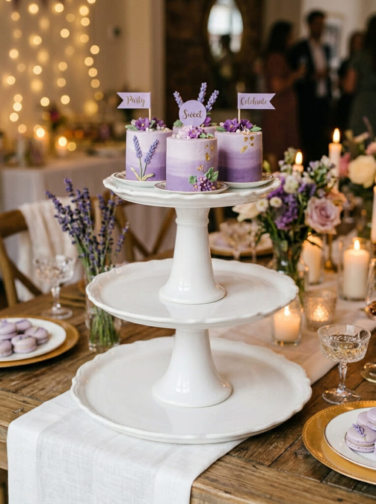 Mini purple cake sets for individual servings with variety of designs