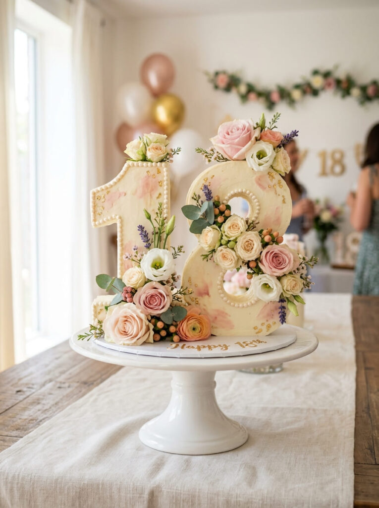 Number and flower 18th birthday cake with elegant milestone styling