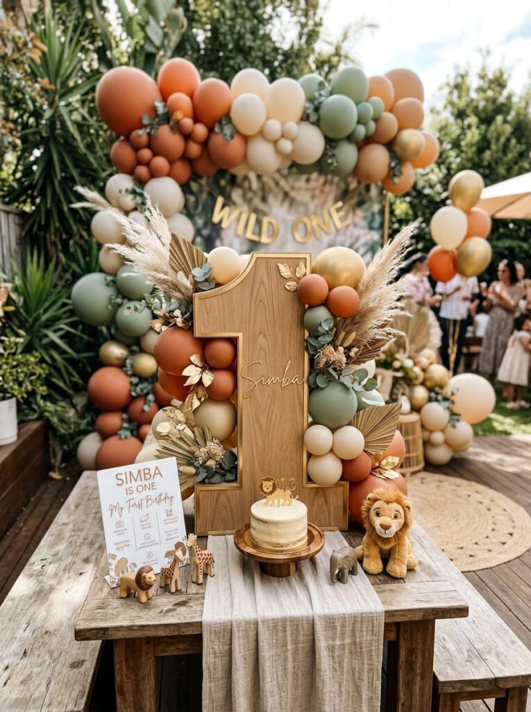 Simba first birthday number one display with earthy safari accents